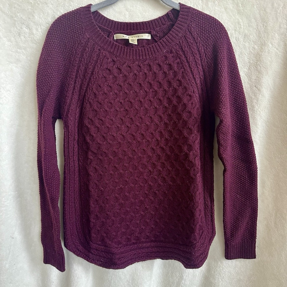 Max Studio Burgundy Cable Knit Wool Blend Crew Sweater Size Small